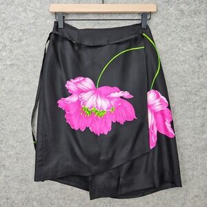 Finity Studio Mini Wrap Skirt Women's Size 8 Black Pink Floral Silk Asymmetrical